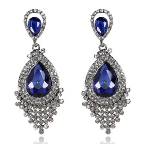 NEW Blue Crystal Vintage Style Bridal Drop Chandelier Statement Earrings - Picture 1 of 1